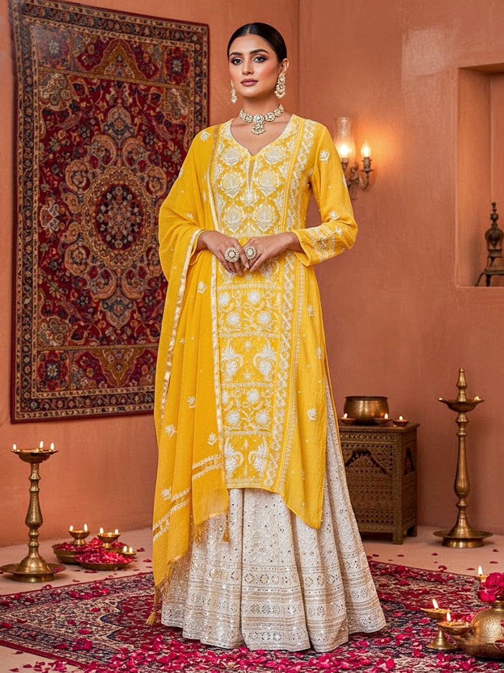 Yellow Mul Chanderi Chikankari Straight Kurta With Dupatta