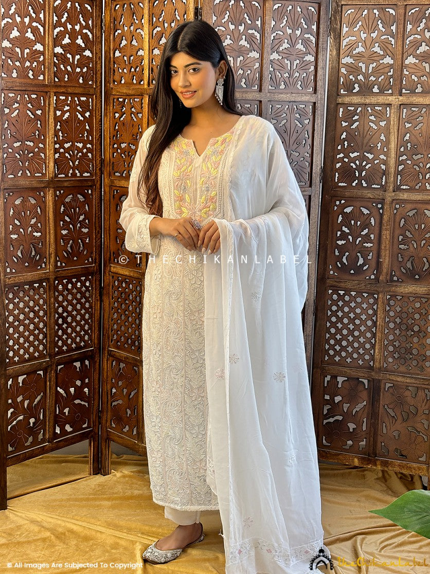 White Multi Afifa Viscose Chikankari Kurta with Dupatta