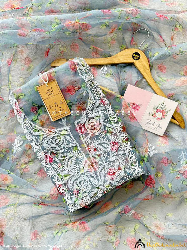 Ahyana Chikankari Kurti Piece with Dupatta - Grey