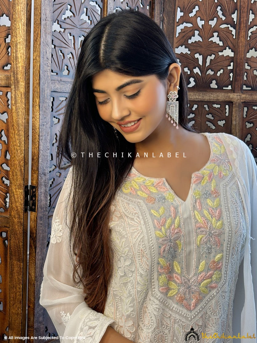 White Multi Afifa Viscose Chikankari Kurta with Dupatta