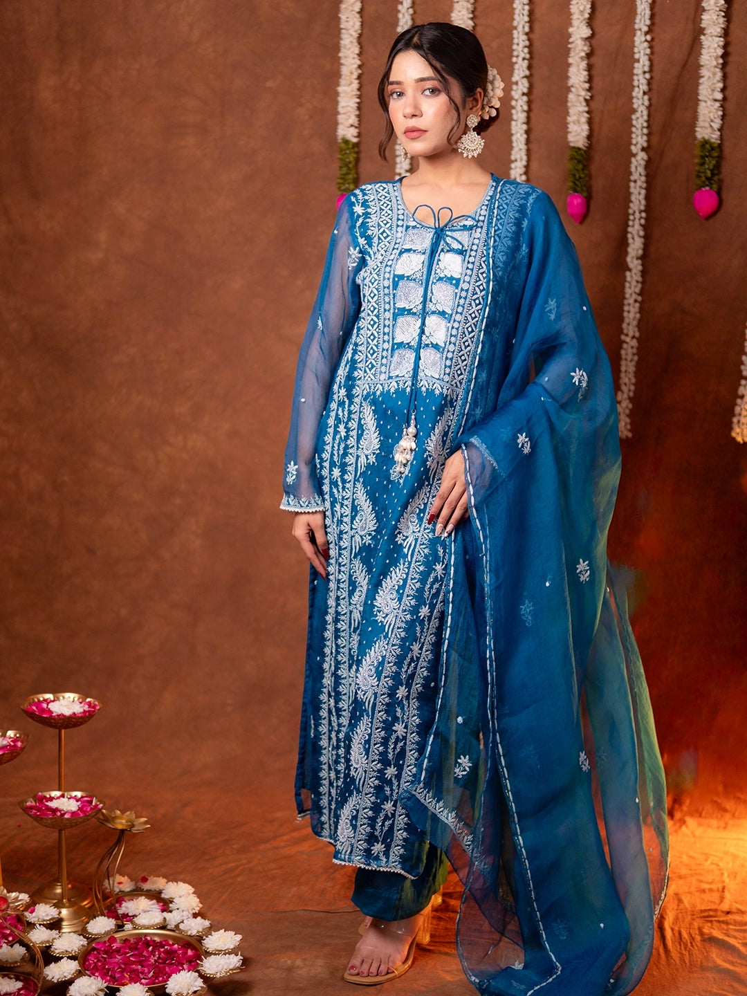 Blue Serah Organza Chikankari Kurta Set