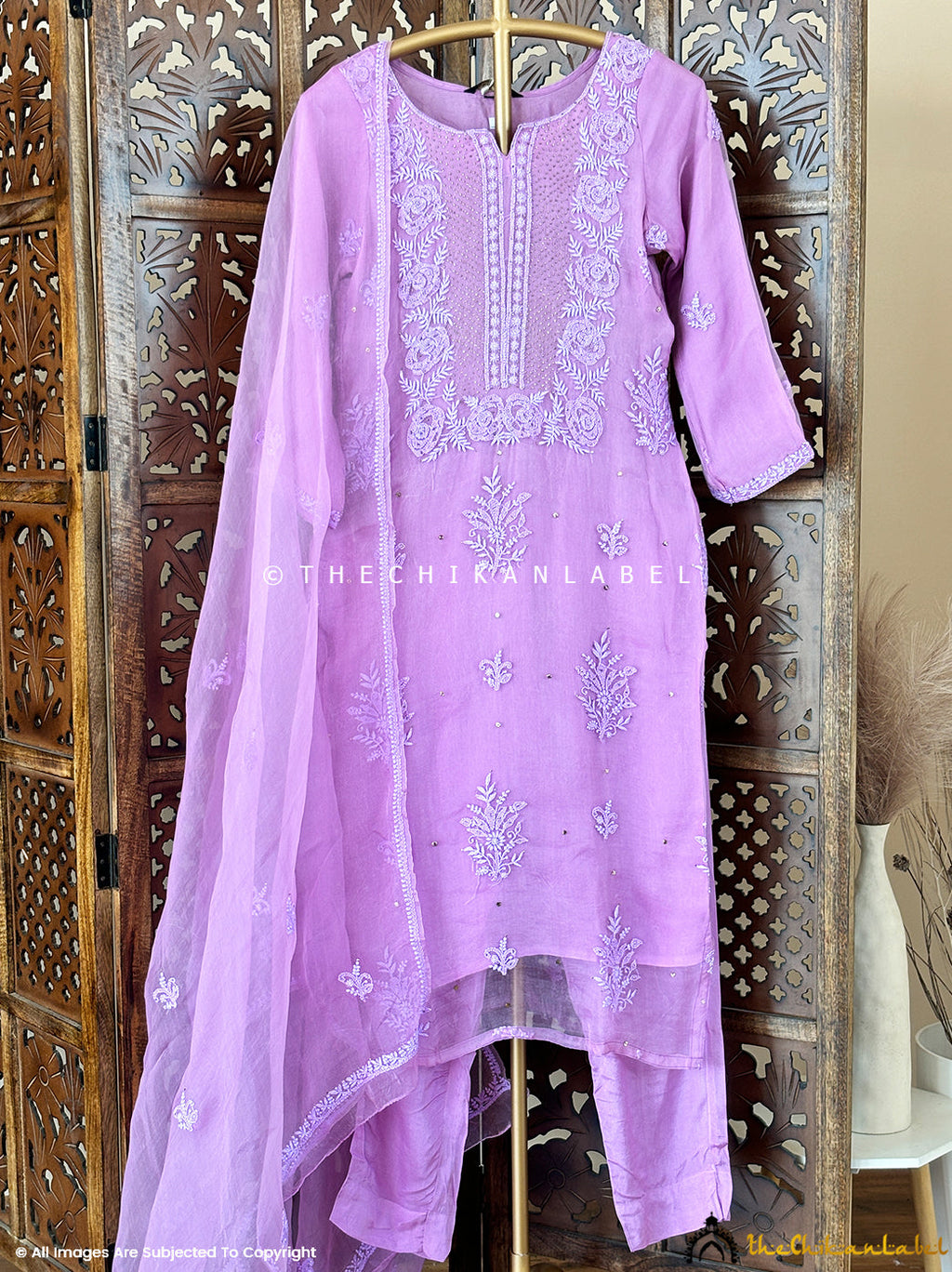 Pink Mahnoor Organza Chikankari Kurta With Dupatta