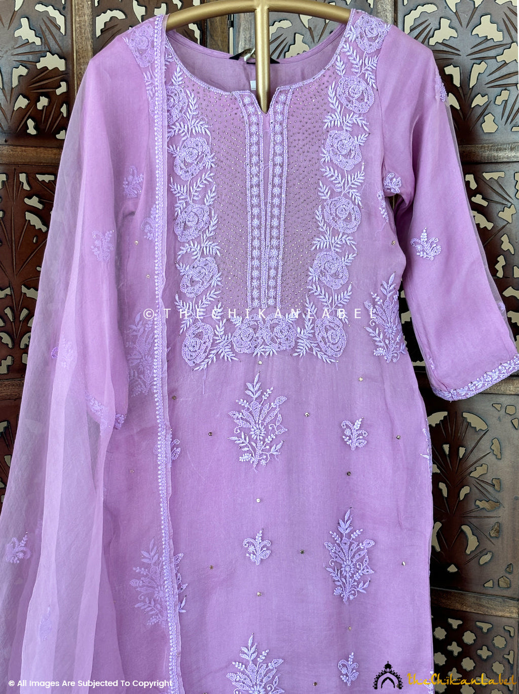 Pink Mahnoor Organza Chikankari Kurta With Dupatta