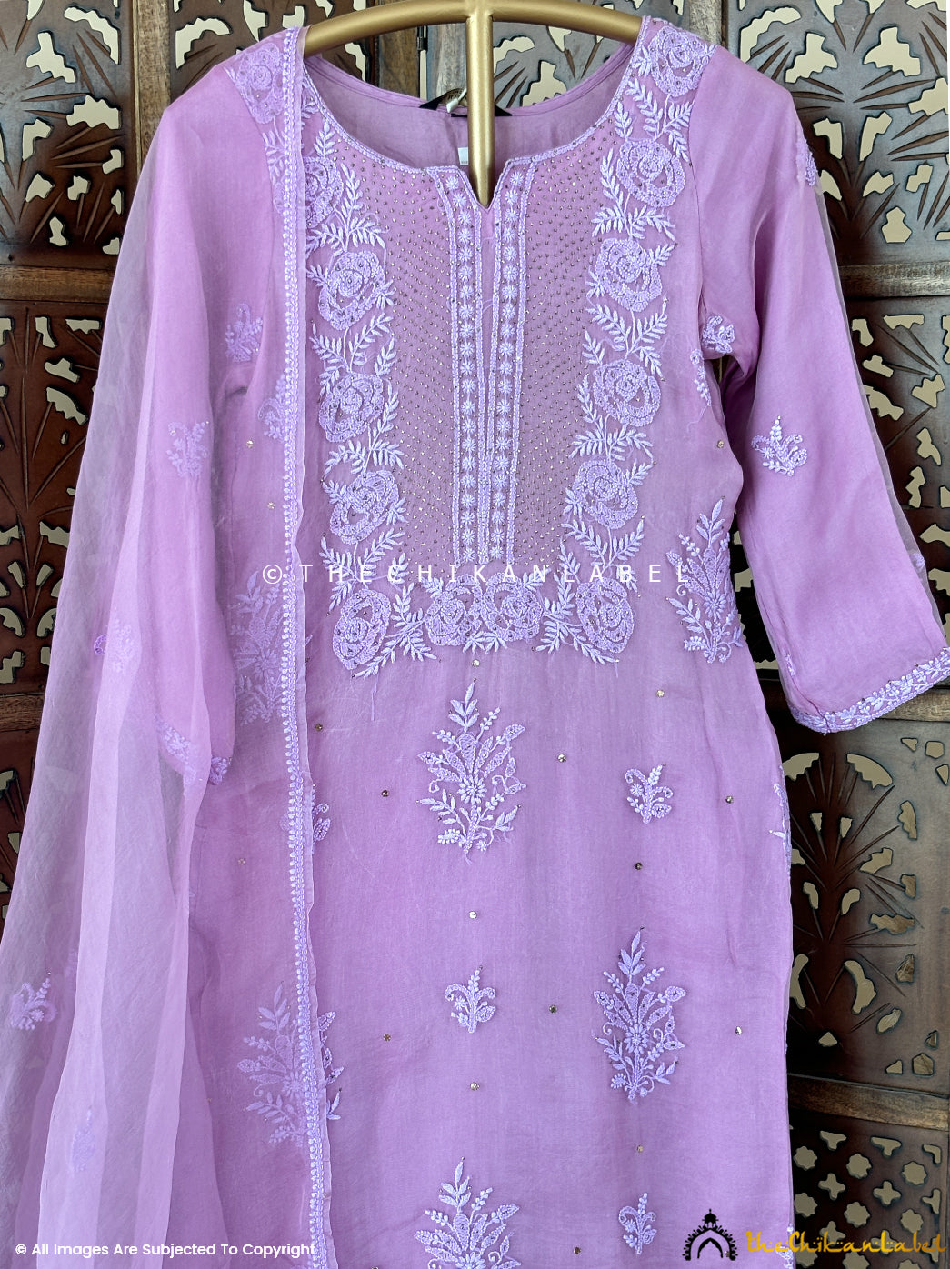 Pink Mahnoor Organza Chikankari Kurta With Dupatta