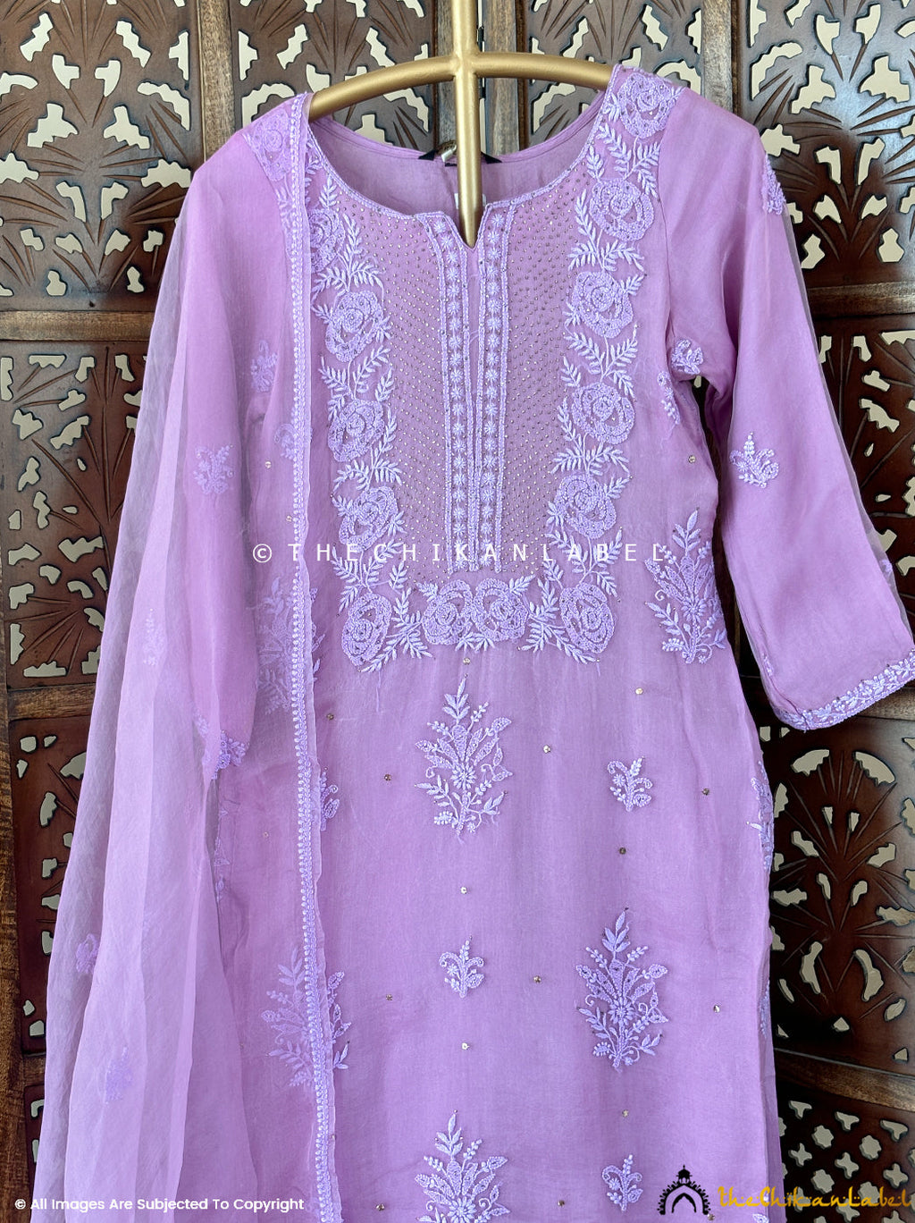 Pink Mahnoor Organza Chikankari Kurta With Dupatta
