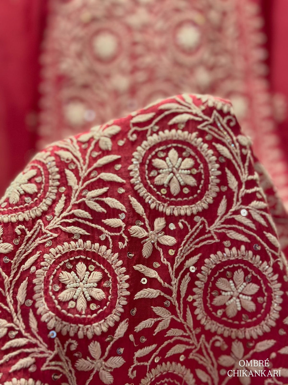Macro photograph of verified Bakhiya, Murri or leaf work from an actual Luxe garment.