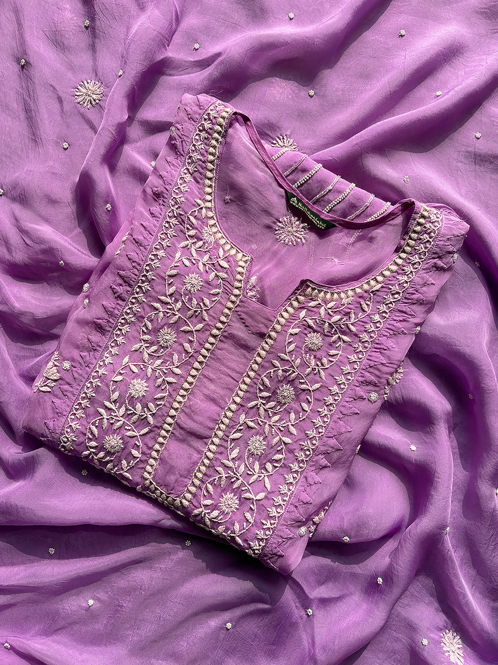 Purple Organza Chikankari Un-stitched Kurta with Dupatta