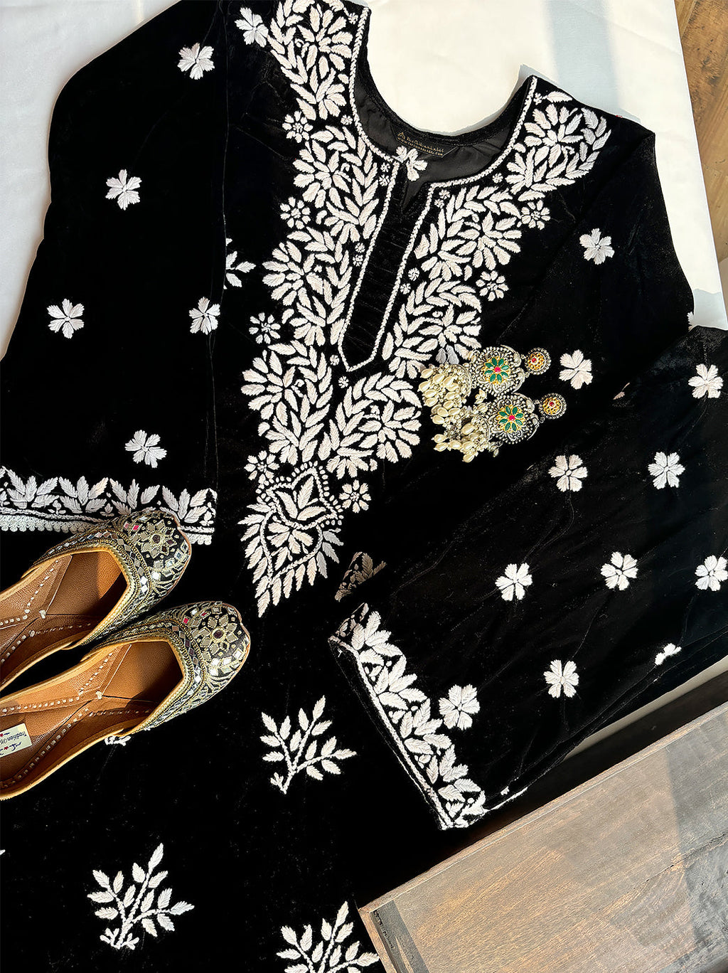 Black Vaanya Velvet Chikankari Kurta Set