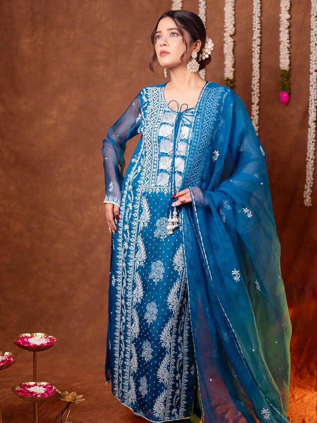 Blue Serah Organza Chikankari Kurta Set
