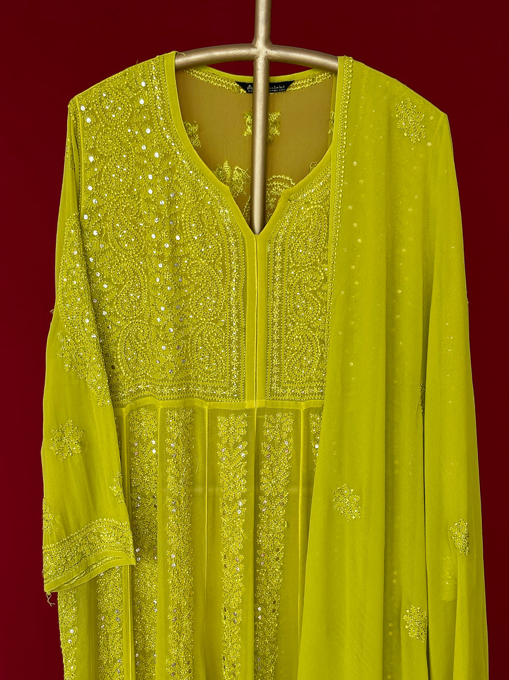 Lime green ethnic kurta with traditional Lucknowi embroidery