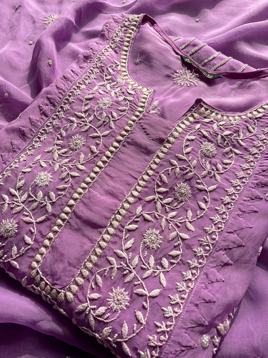 Purple Organza Chikankari Un-stitched Kurta with Dupatta