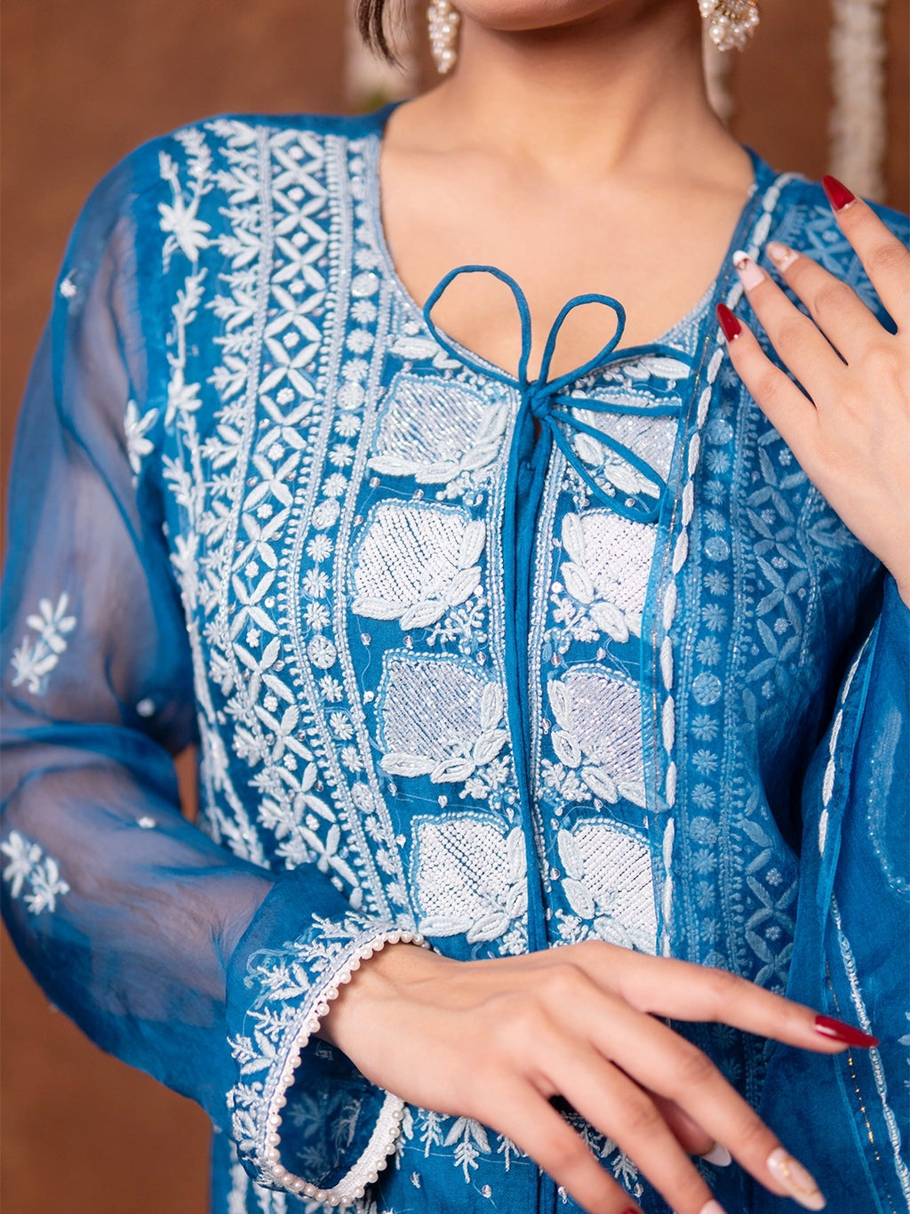 Blue Serah Organza Chikankari Kurta Set