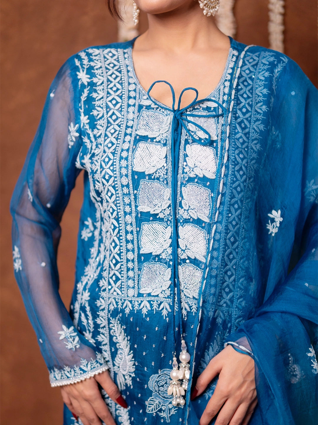 Blue Serah Organza Chikankari Kurta Set