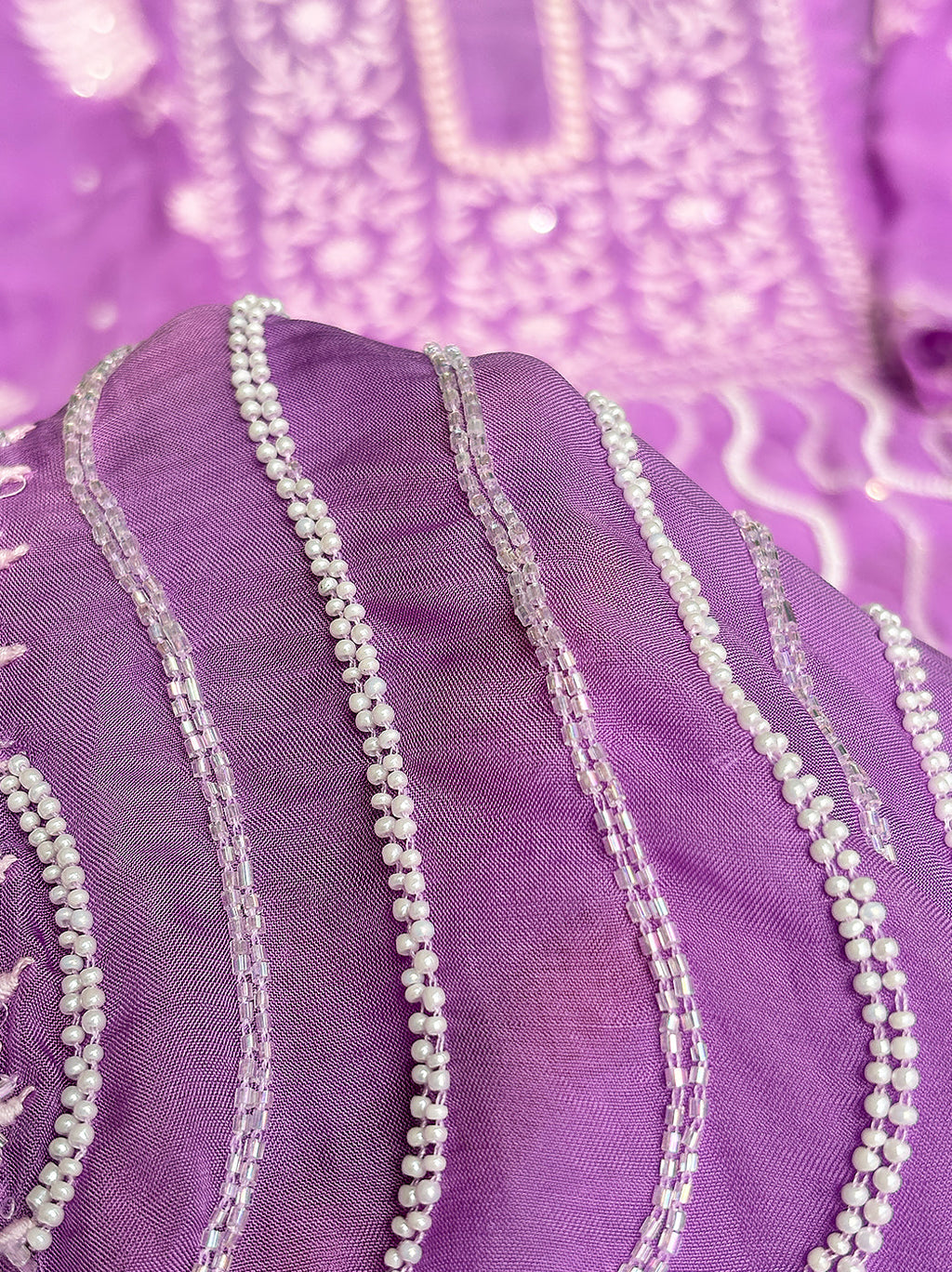 Purple Organza Chikankari Un-stitched Kurta with Dupatta