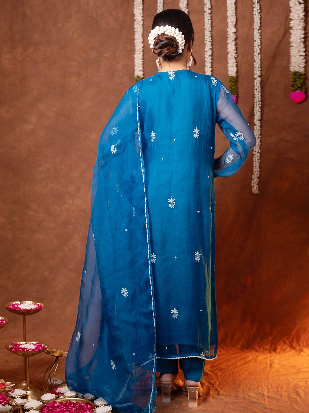 Blue Serah Organza Chikankari Kurta Set