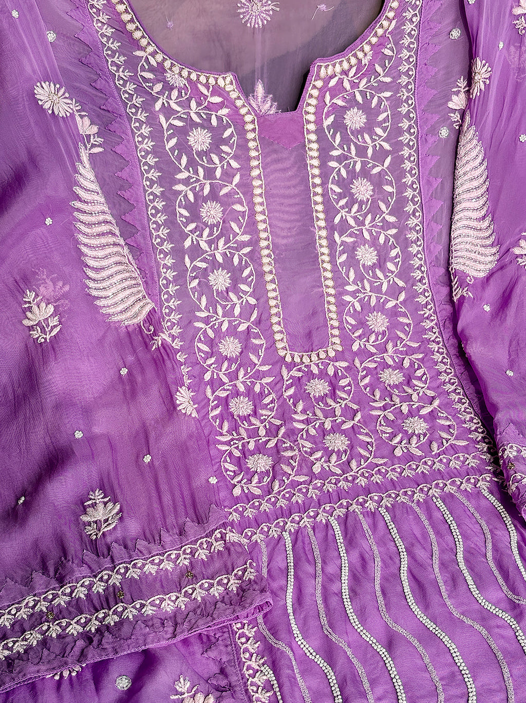 Purple Organza Chikankari Un-stitched Kurta with Dupatta