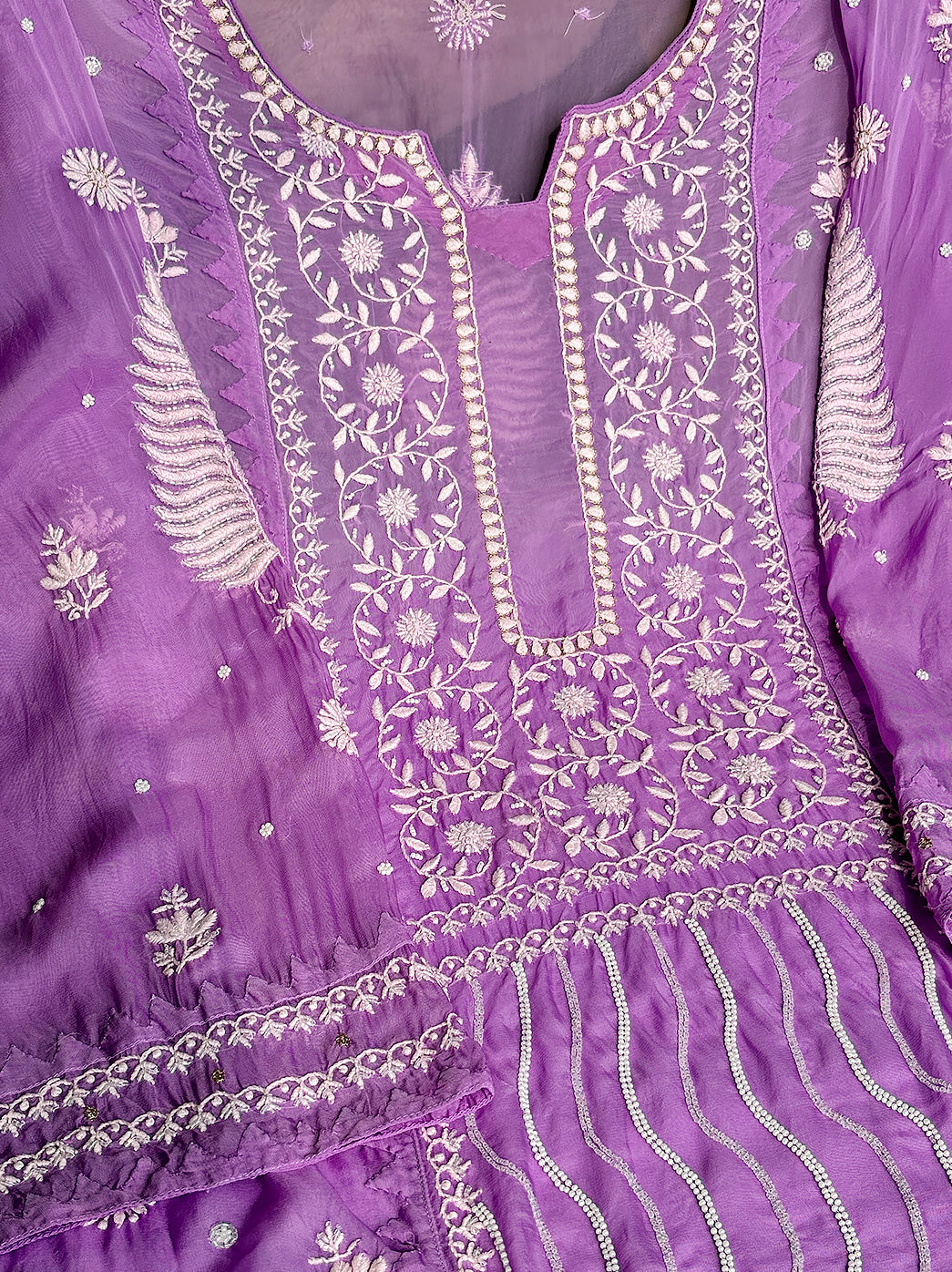 Purple Organza Chikankari Un-stitched Kurta with Dupatta
