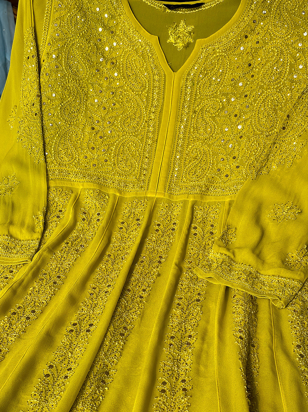 Intricate paisley chikankari design with sequin detailing on kurta