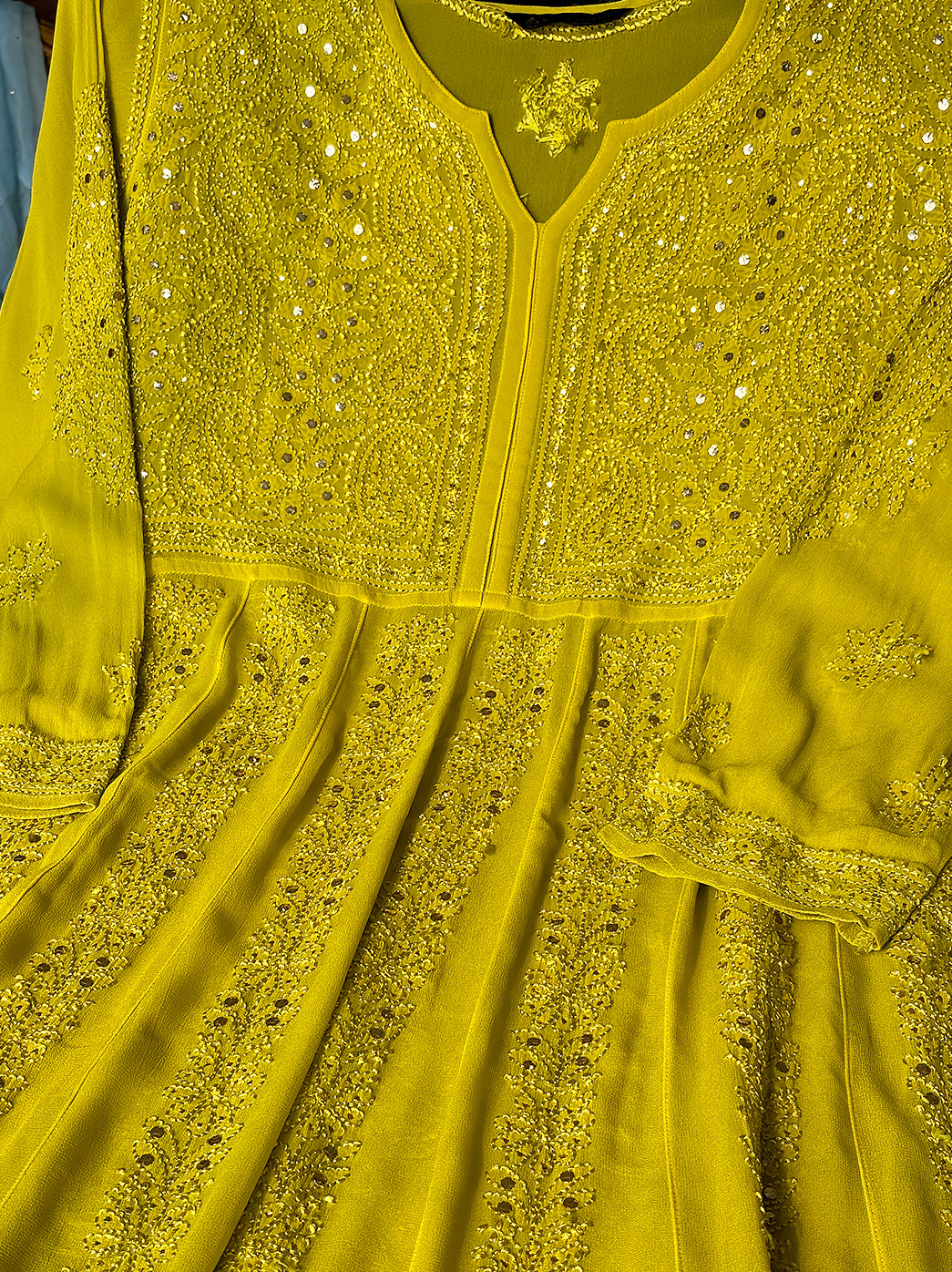 Intricate paisley chikankari design with sequin detailing on kurta