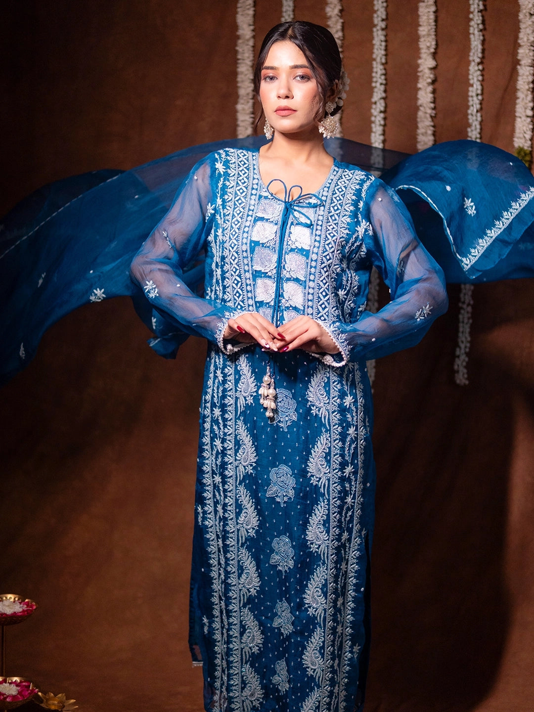 Blue Serah Organza Chikankari Kurta Set