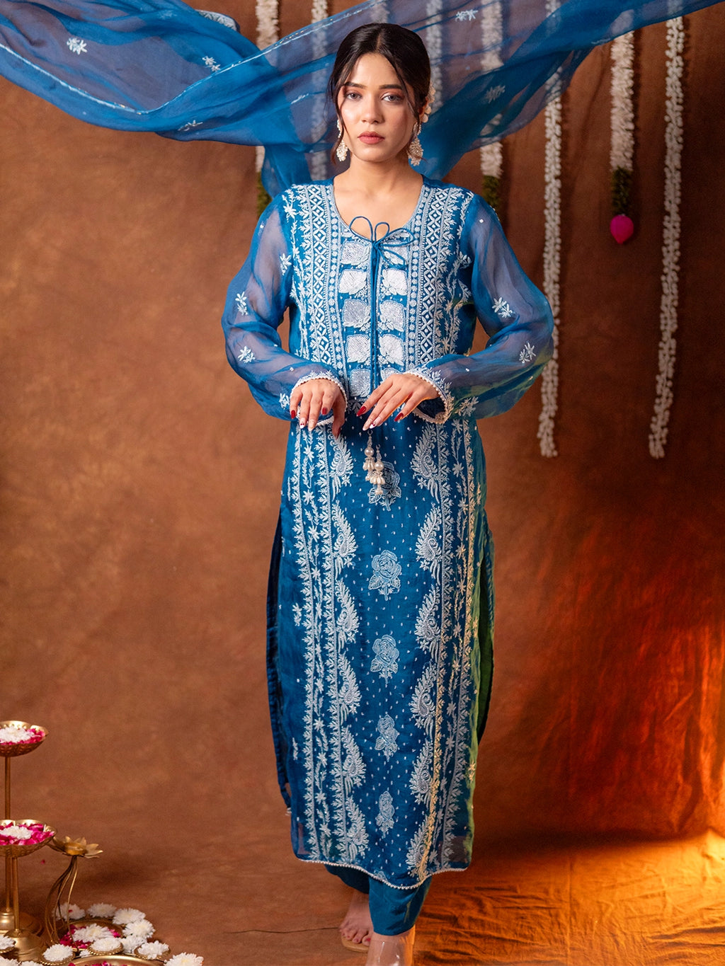 Blue Serah Organza Chikankari Kurta Set