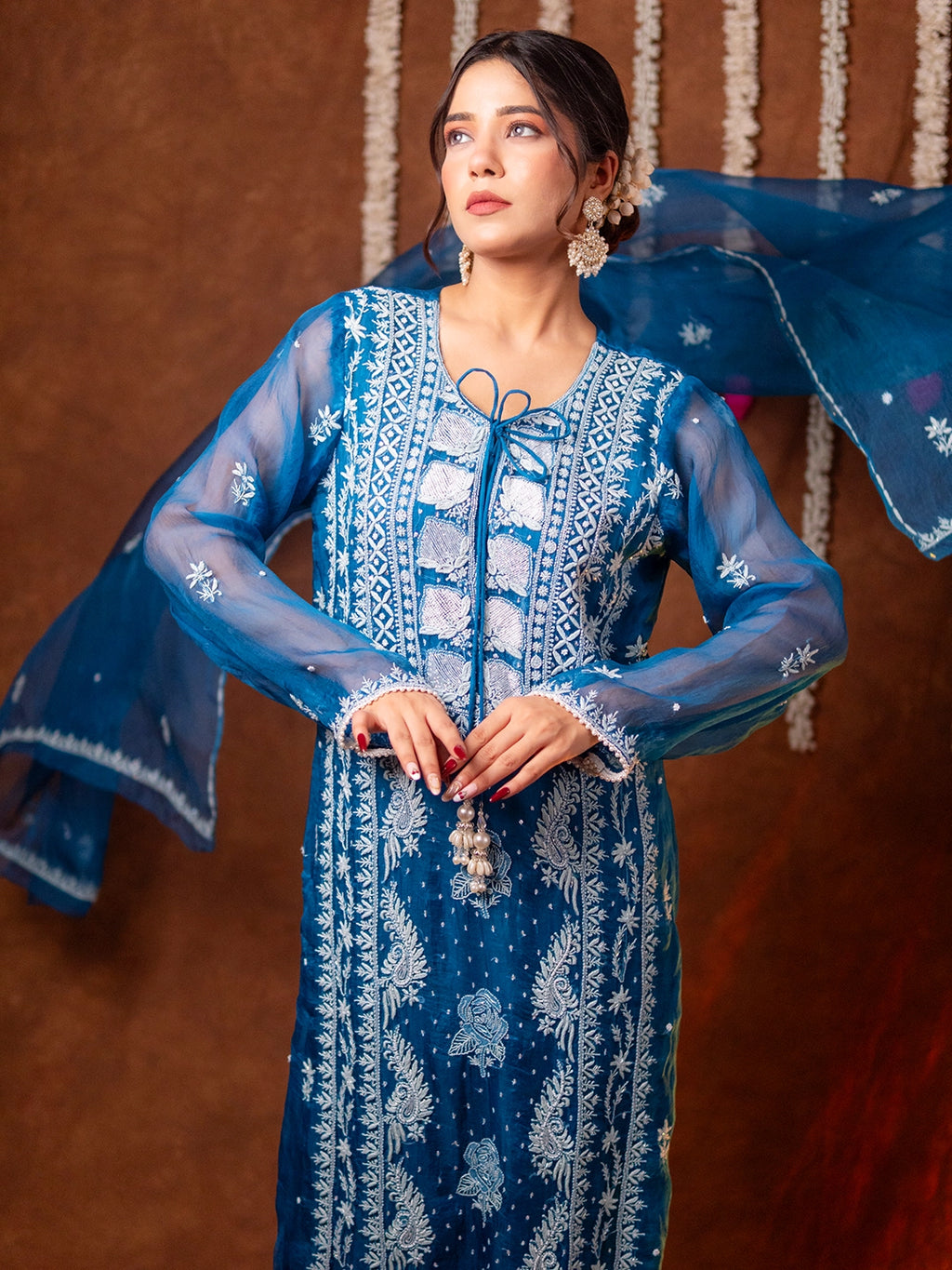 Blue Serah Organza Chikankari Kurta Set