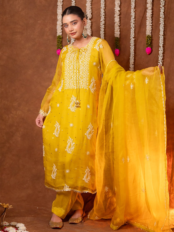Serah Organza Chikankari Kurti Piece with Dupatta - Yellow