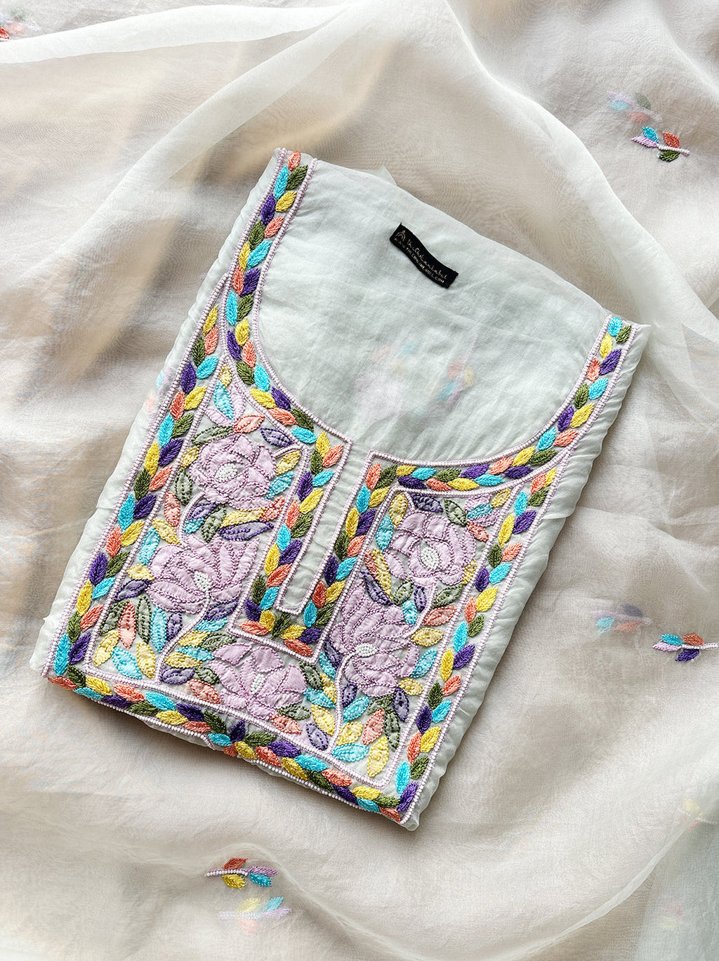 White Multi Organza Chikankari Un-stitched Kurti Piece with Dupatta