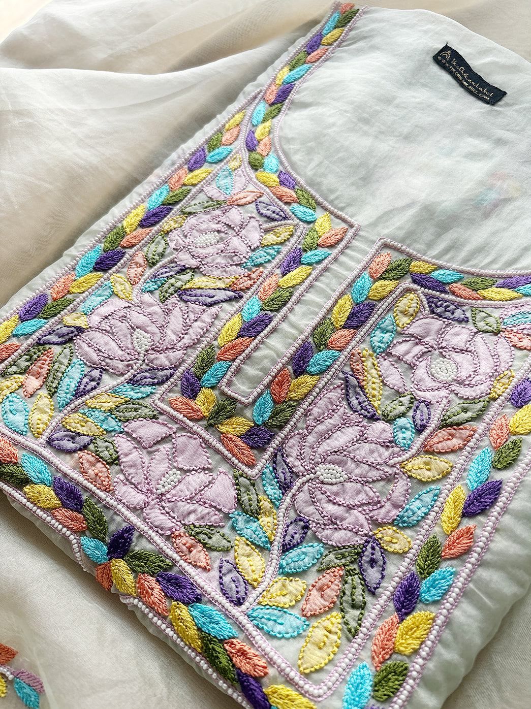 White Multi Organza Chikankari Un-stitched Kurti Piece with Dupatta