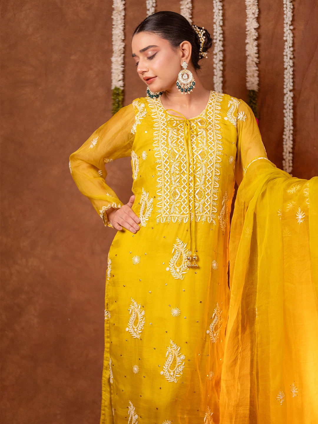 Yellow Serah Organza Chikankari Kurta Set