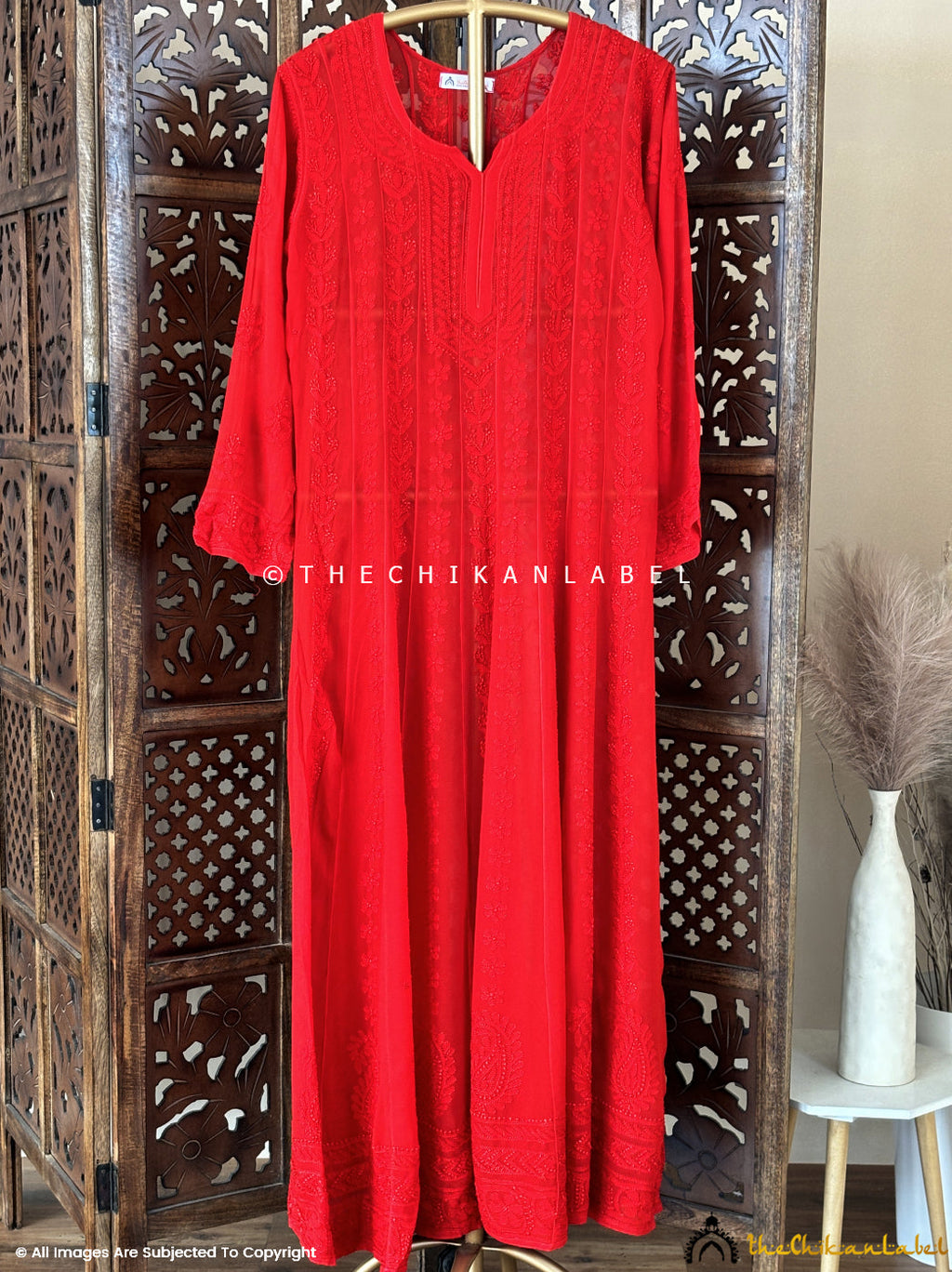 Red Hana Viscose Chikankari Anarkali