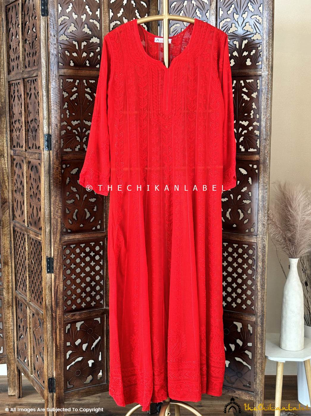 Red Hana Viscose Chikankari Anarkali