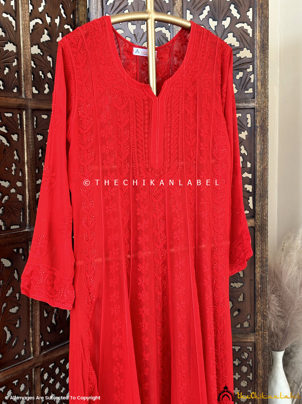 Red Hana Viscose Chikankari Anarkali
