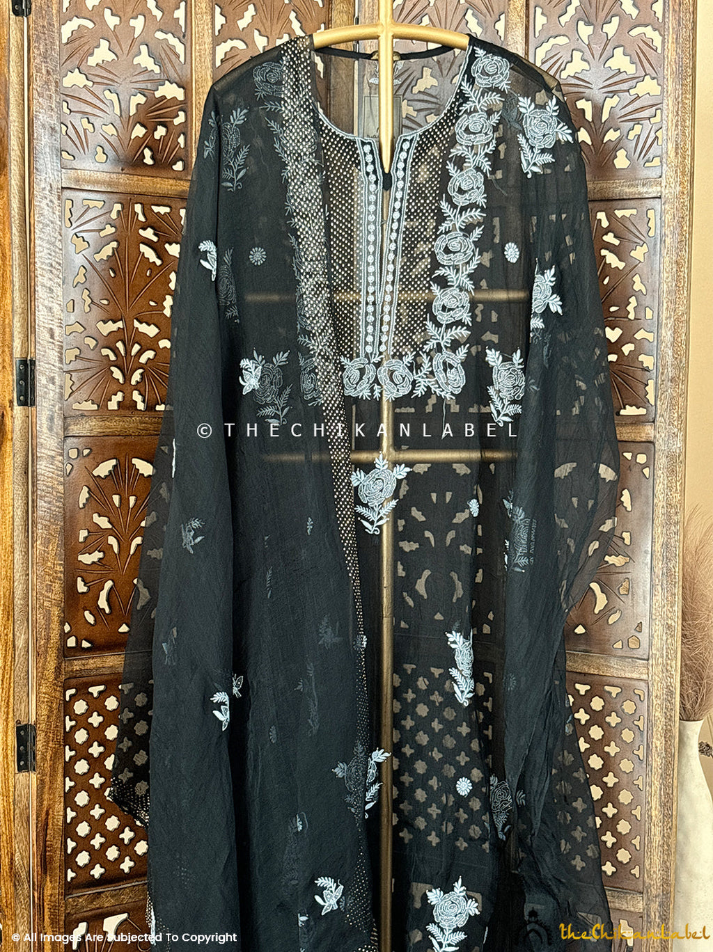 Black Mahnoor Organza Chikankari Kurti Piece with Dupatta