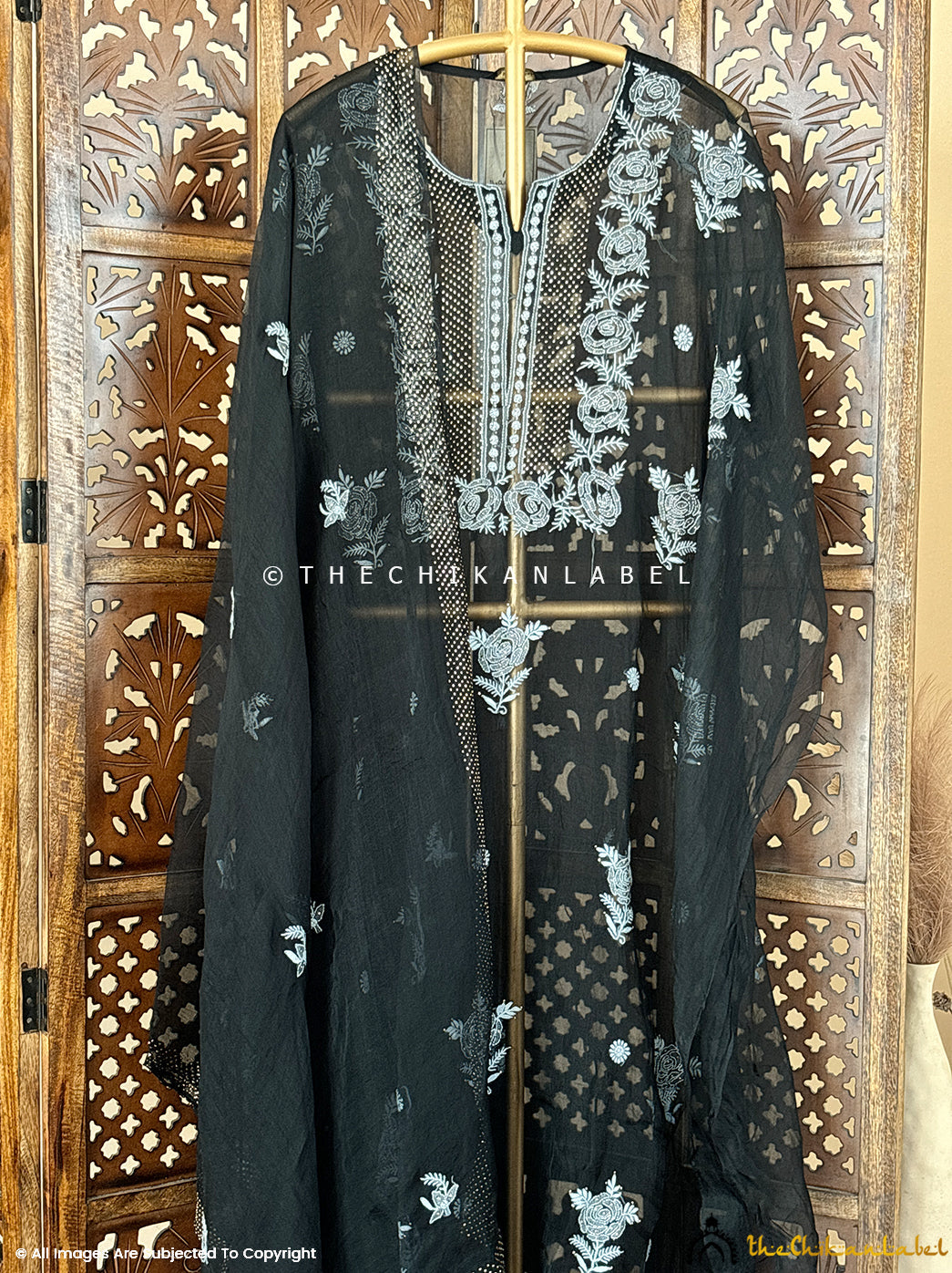 Black Mahnoor Organza Chikankari Kurti Piece with Dupatta