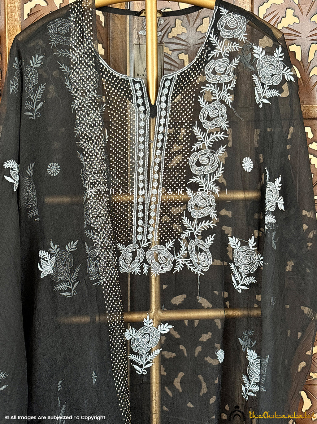 Black Mahnoor Organza Chikankari Kurti Piece with Dupatta