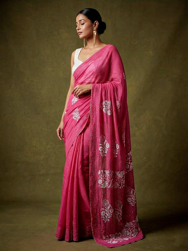 Aanvi Mul Chanderi Chikankari Embroidered Saree - Pink
