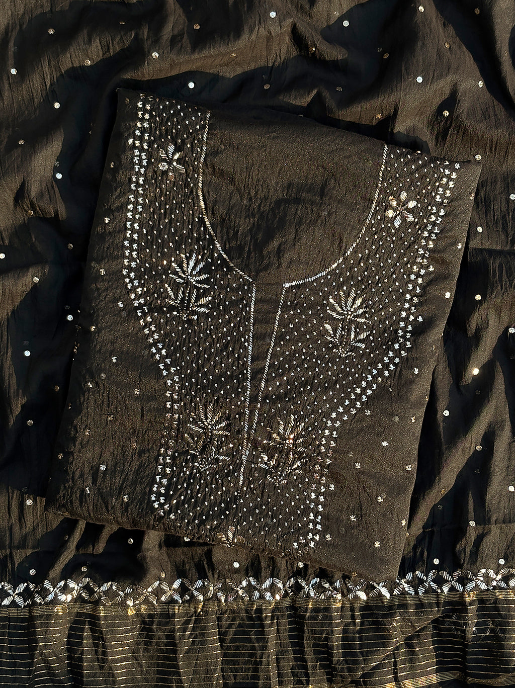 Aavya Mul Chanderi Unstitched Kurti Piece with Dupatta - Black