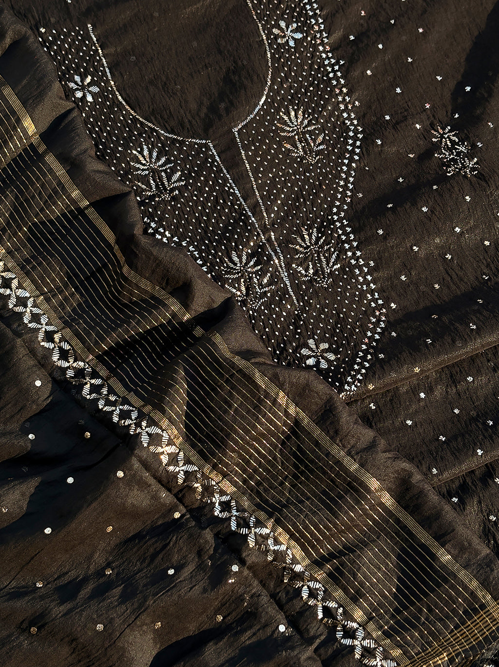 Aavya Mul Chanderi Unstitched Kurti Piece with Dupatta - Black
