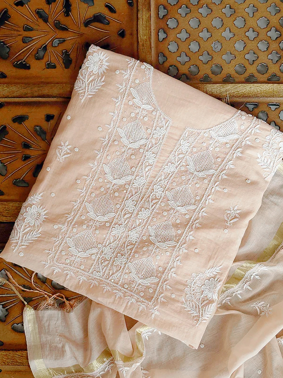 Adah Mul Chanderi Chikankari Kurti Piece with Dupatta - Foundation