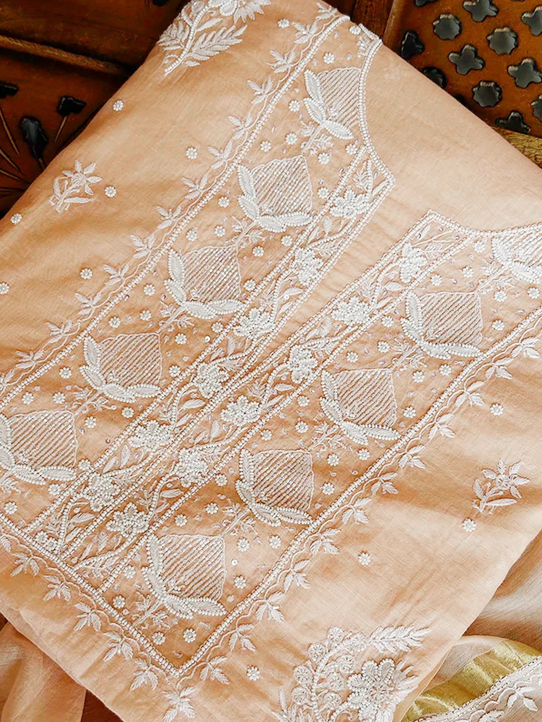 Foundation Adah Mul Chanderi Chikankari Un-stitched Kurti Piece with Dupatta