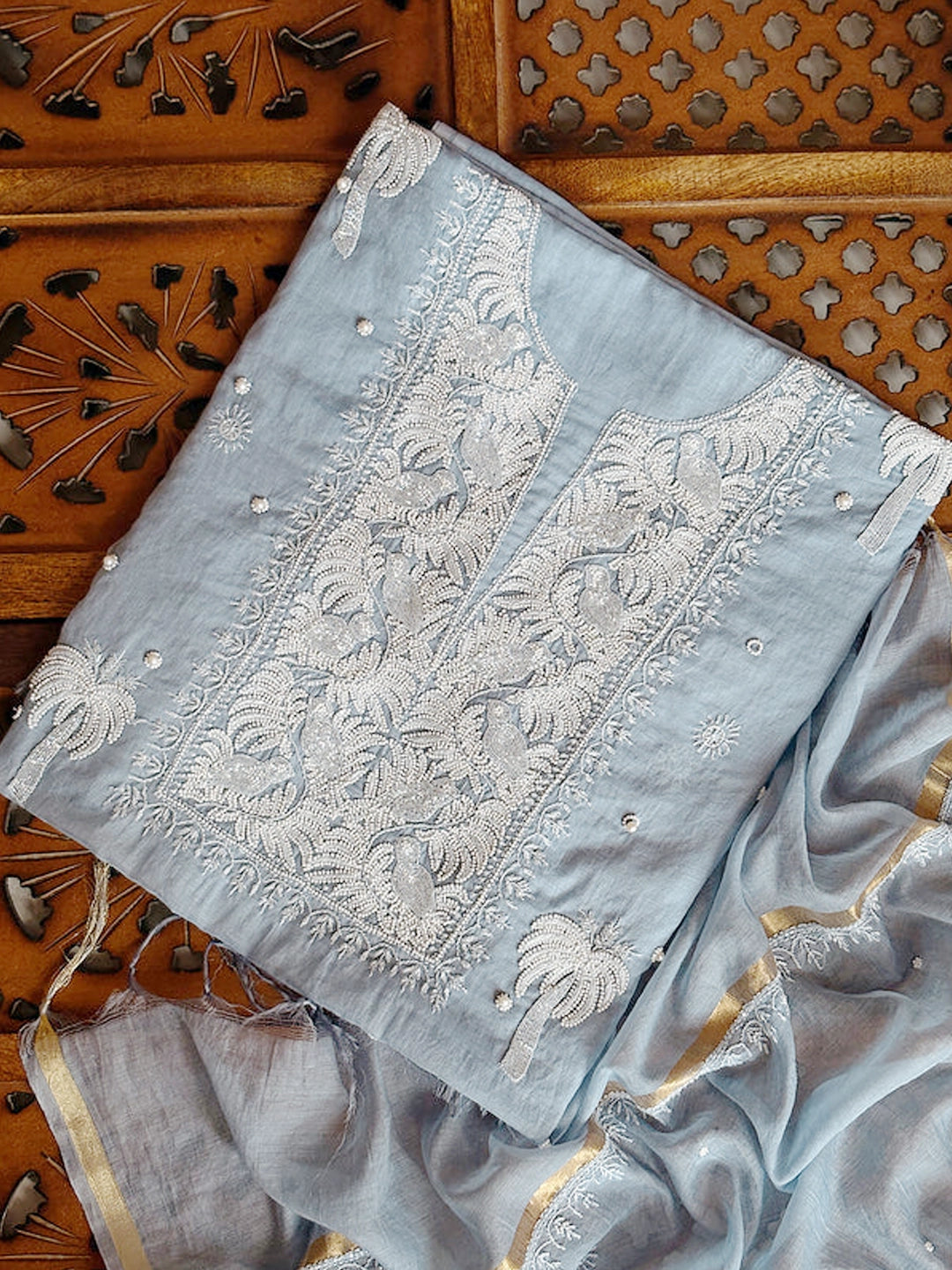 Adah Mul Chanderi Chikankari Kurti Piece with Dupatta - Grey