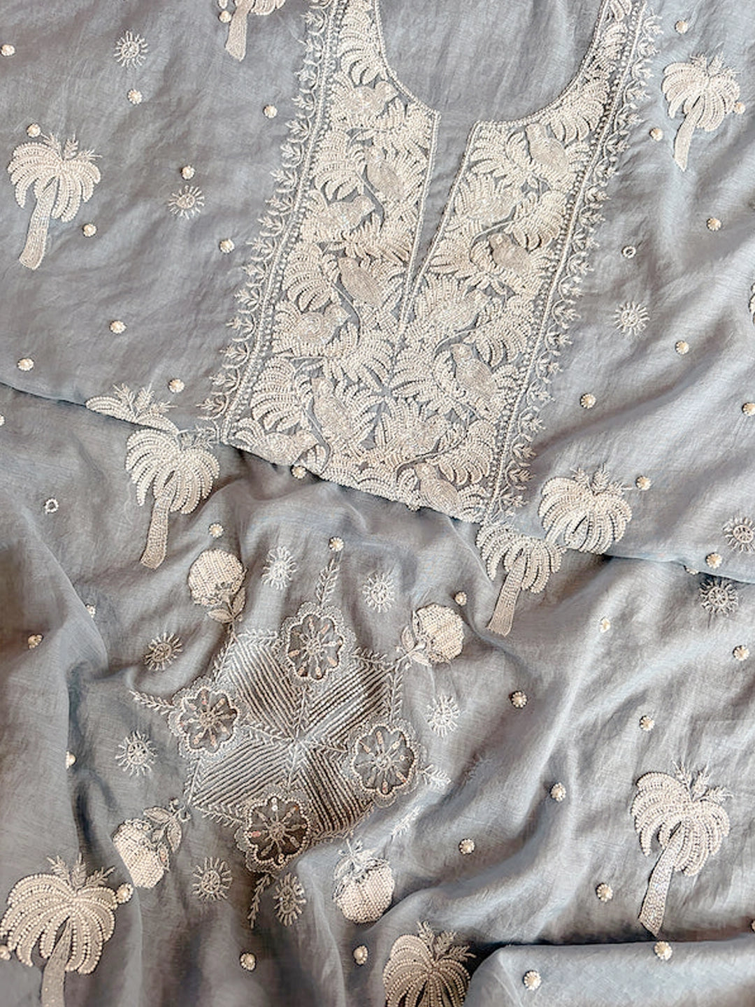 Grey Adah Mul Chanderi Chikankari Un-stitched Kurti Piece with Dupatta