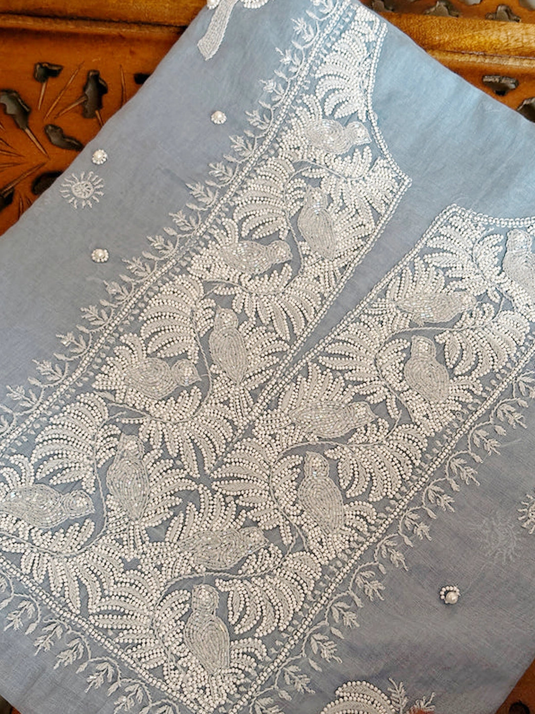 Grey Adah Mul Chanderi Chikankari Un-stitched Kurti Piece with Dupatta
