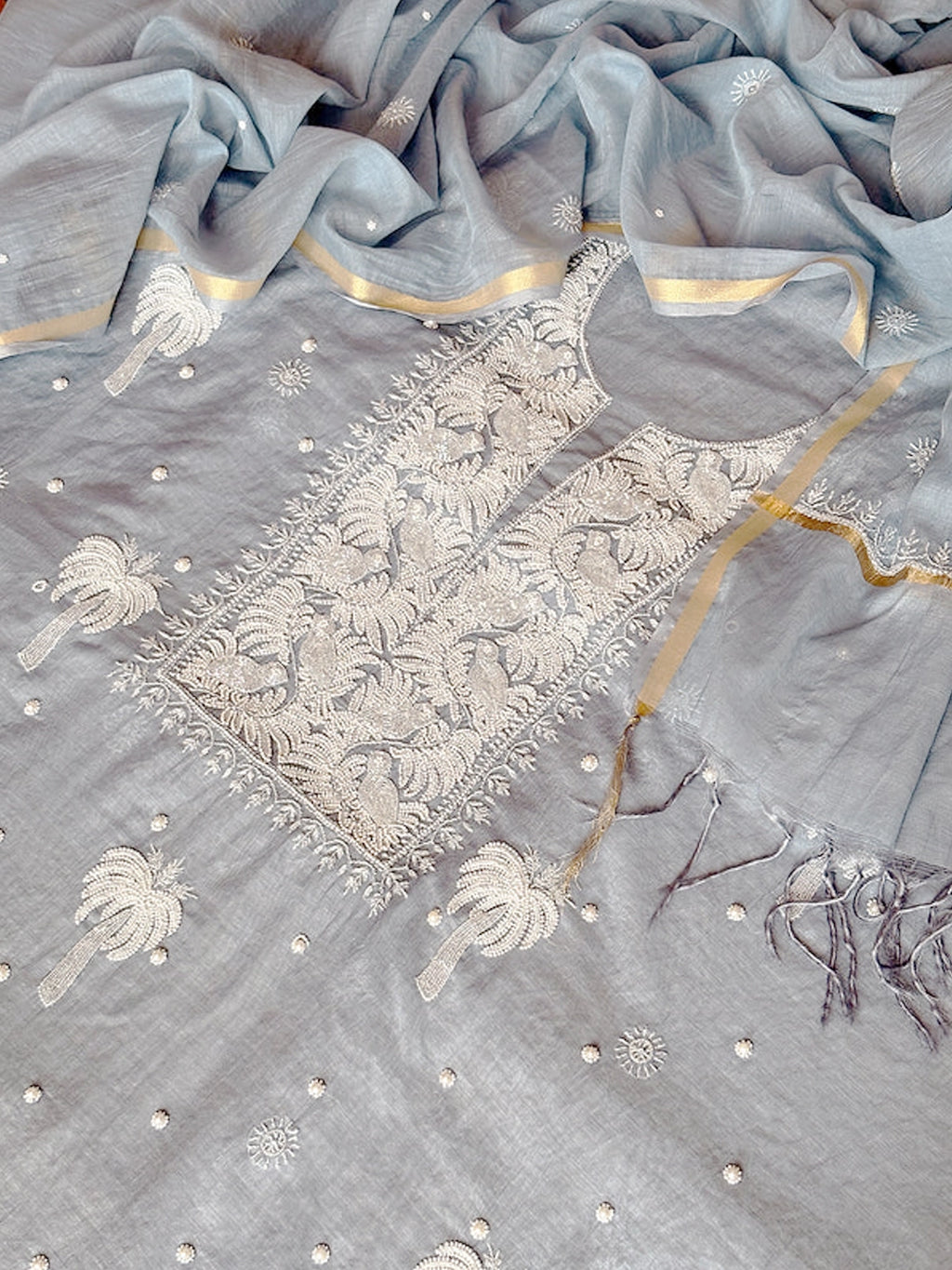 Grey Adah Mul Chanderi Chikankari Un-stitched Kurti Piece with Dupatta
