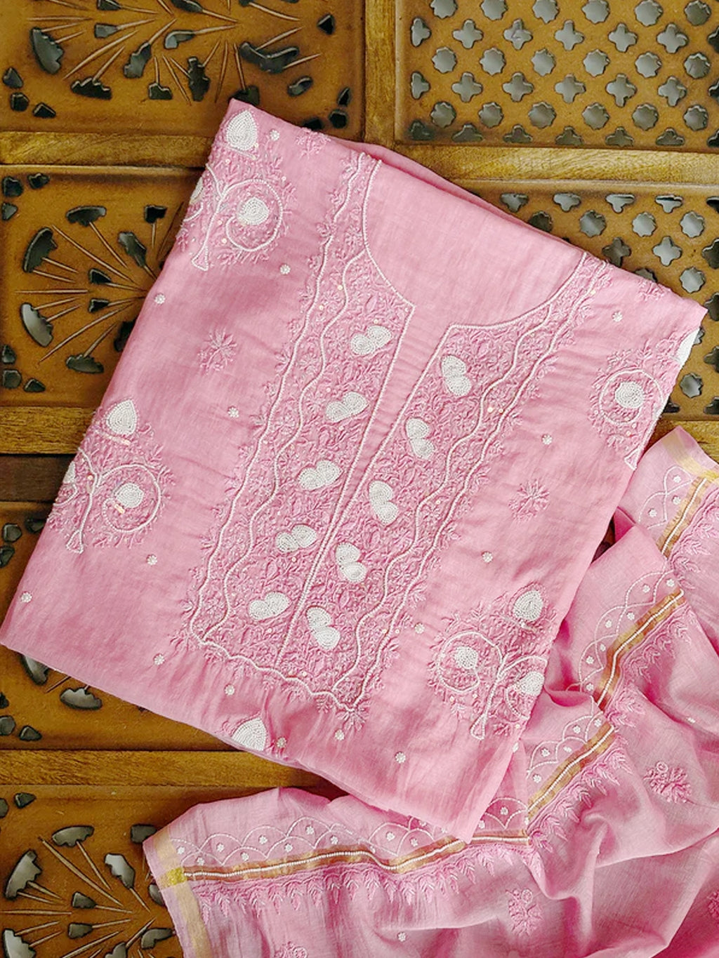 Pink Adah Mul Chanderi Chikankari Un-stitched Kurti Piece with Dupatta