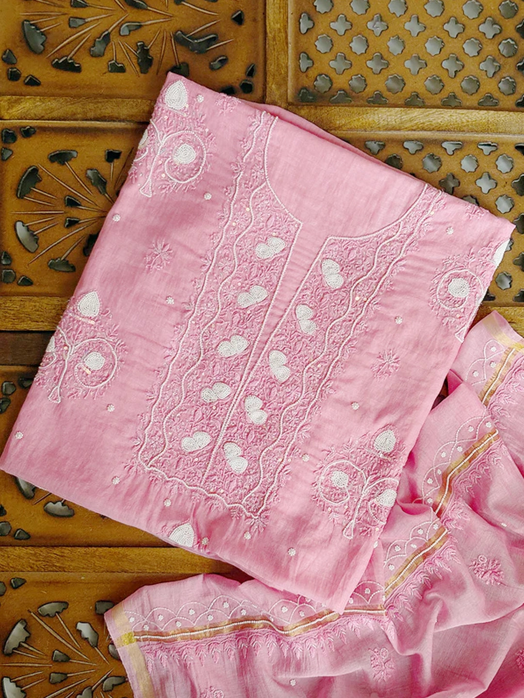 Pink Adah Mul Chanderi Chikankari Un-stitched Kurti Piece with Dupatta