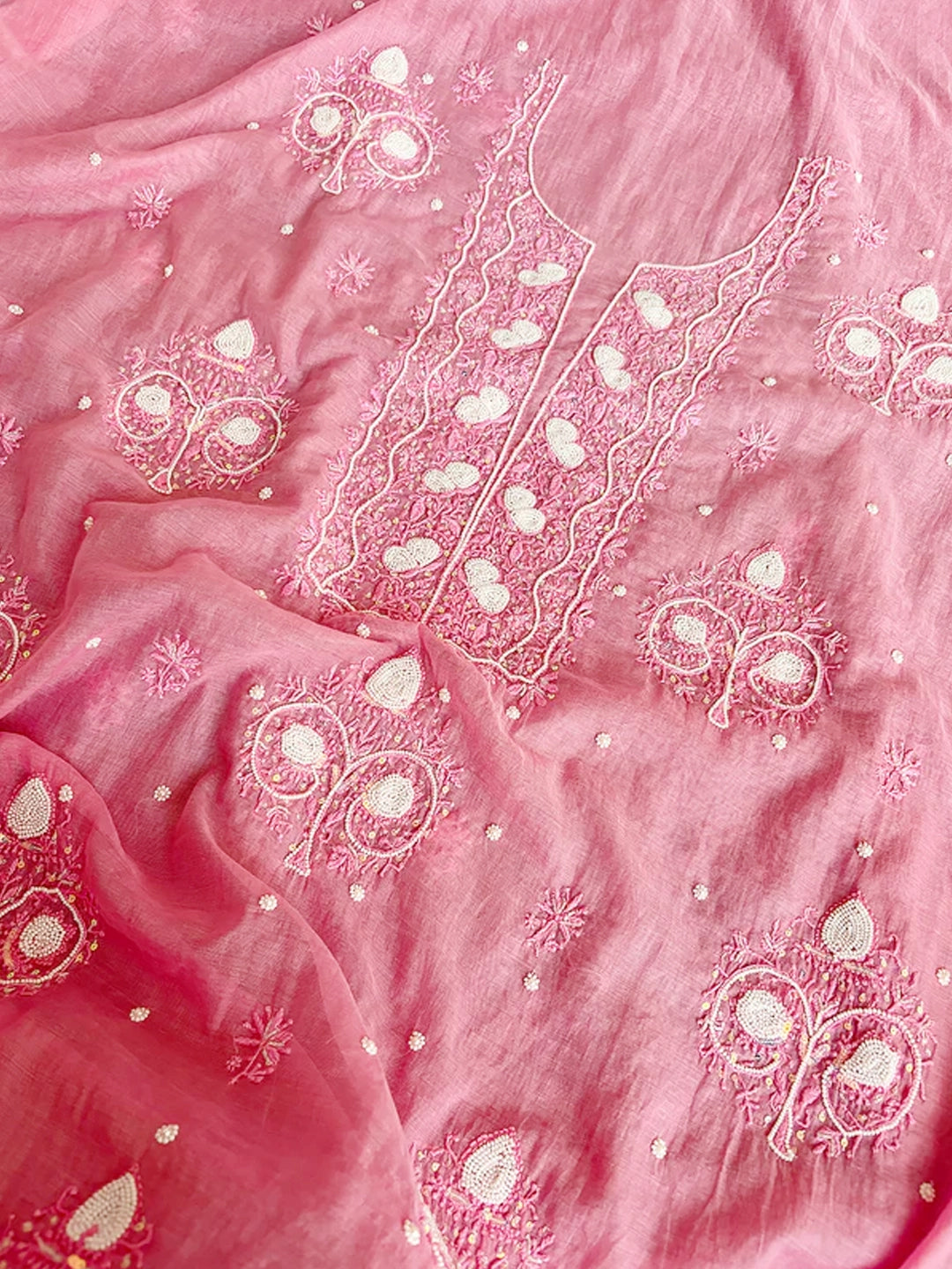 Pink Adah Mul Chanderi Chikankari Un-stitched Kurti Piece with Dupatta