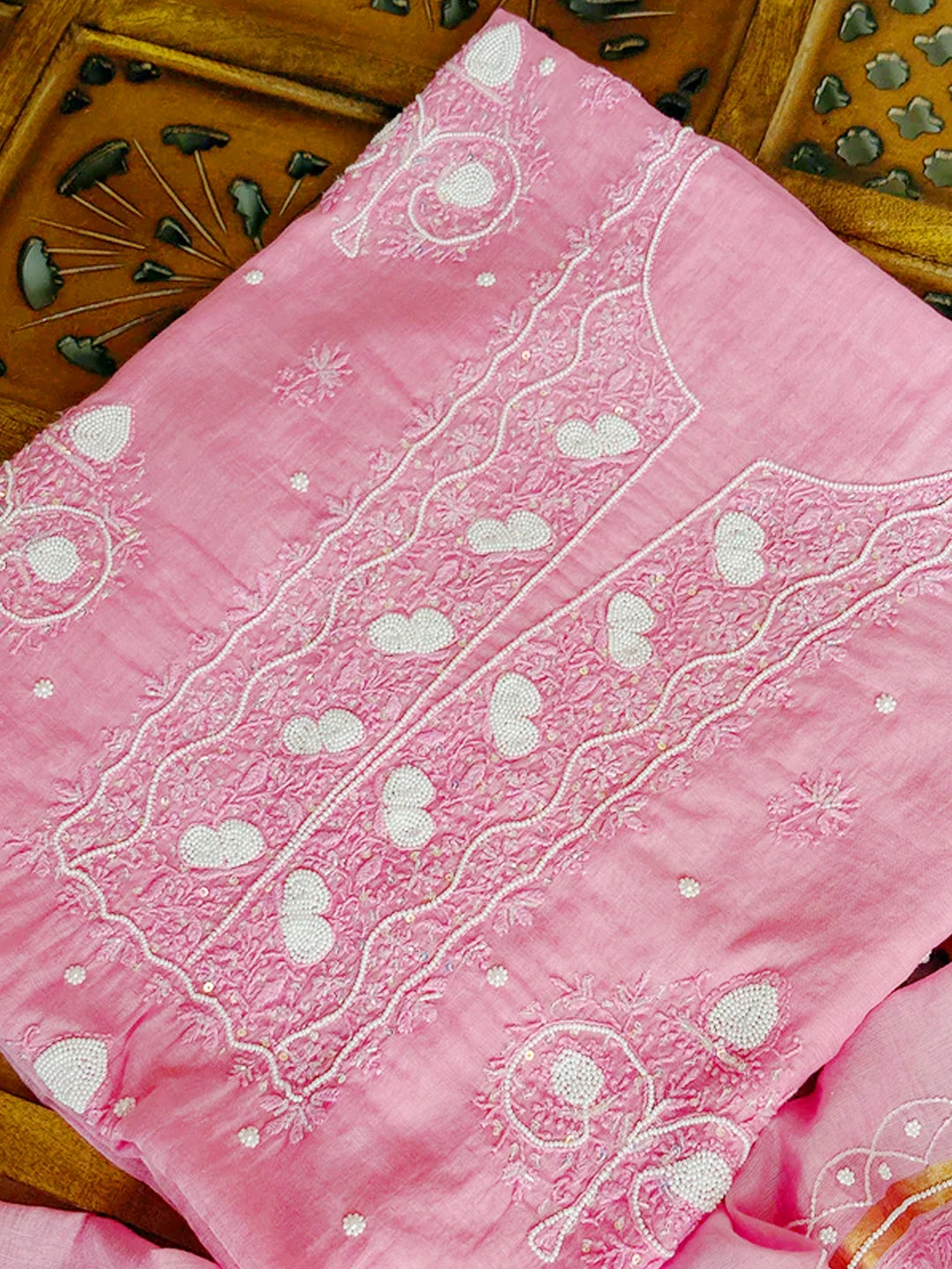 Pink Adah Mul Chanderi Chikankari Un-stitched Kurti Piece with Dupatta