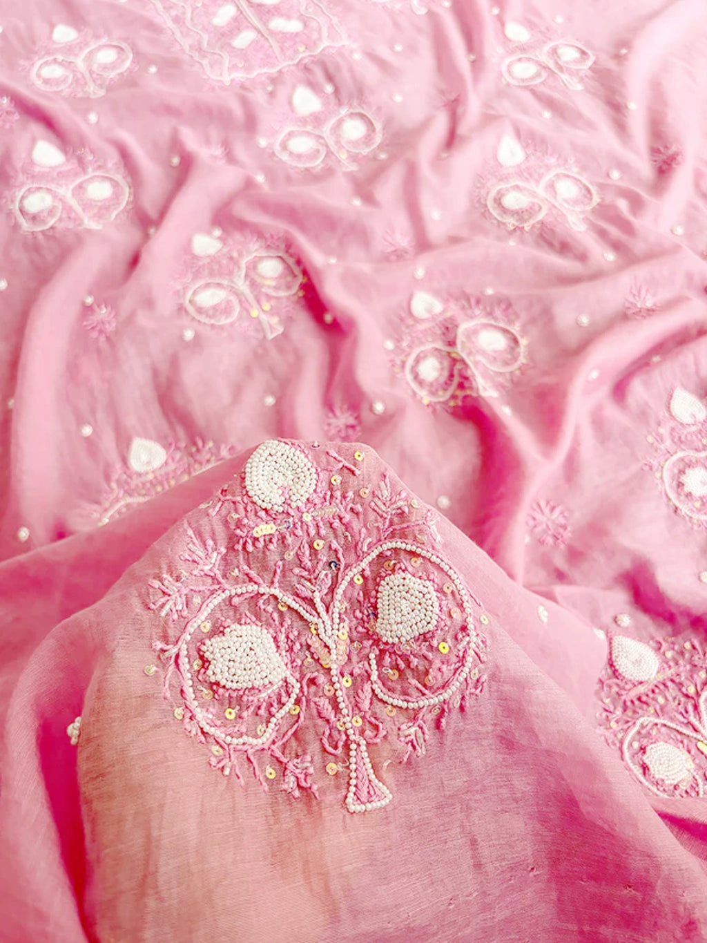Pink Adah Mul Chanderi Chikankari Un-stitched Kurti Piece with Dupatta